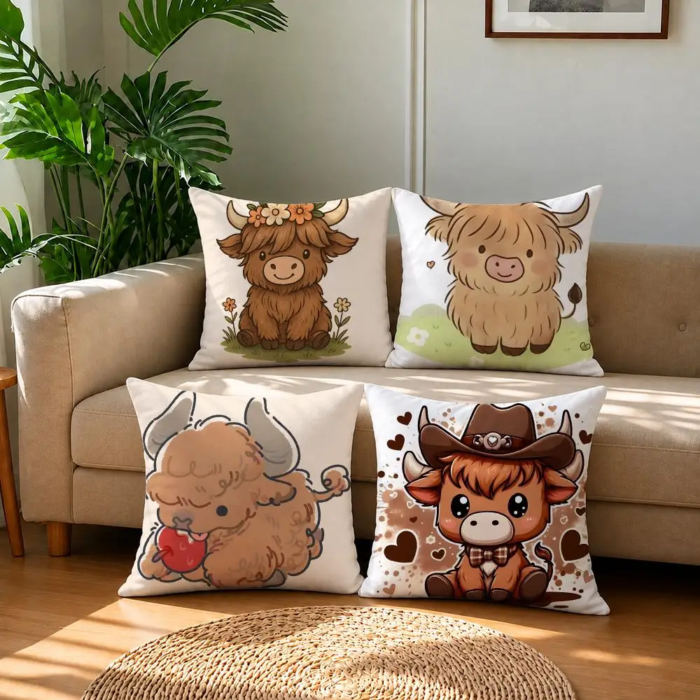 Animal Highland Cow  Cushion Cover Short Plush Pillowcase, Sofa Bedroom Home Decor & Holiday Gift