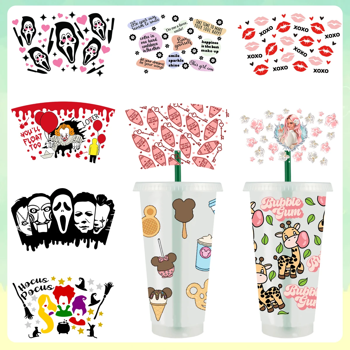 24oz Cup Wrap Transfer Stickers for Glass Rub on Transfers Waterproof Cup Stickers Decals for DIY Crafts Coffee Tea Party Favors