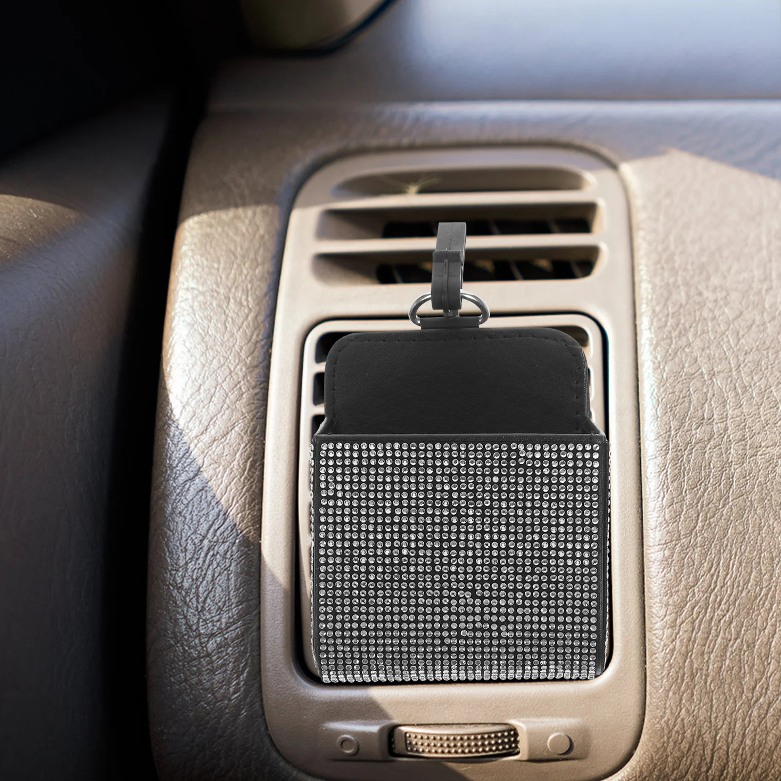 

Air Vent Hanging Storage Bag Rhinestone Car Pocket for Phone Coin Key Organizer Large Capacity Multi Functional Clip on