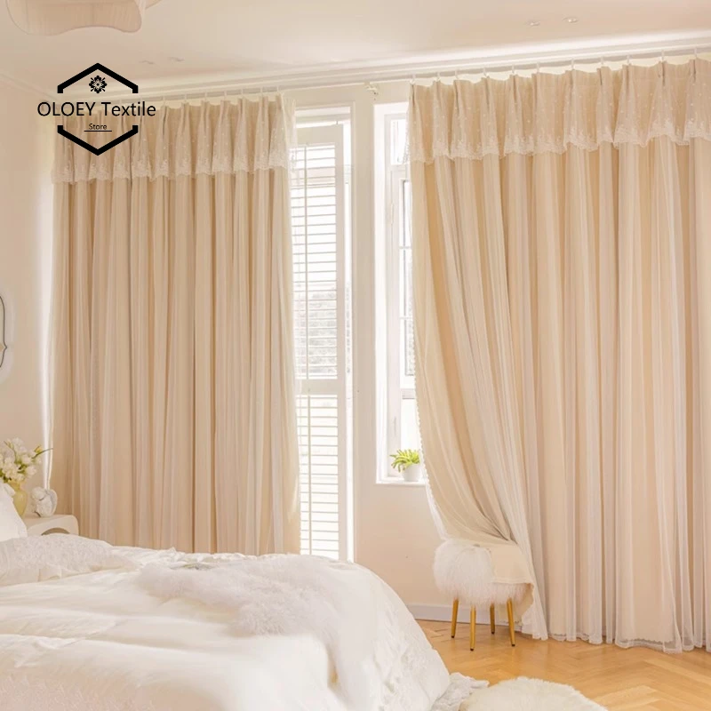 

Luxury French Cream Double Layer Princess Blackout Curtains for Living Room Bedroom Dreamy Elegant Custom Drapes Premium Fabric