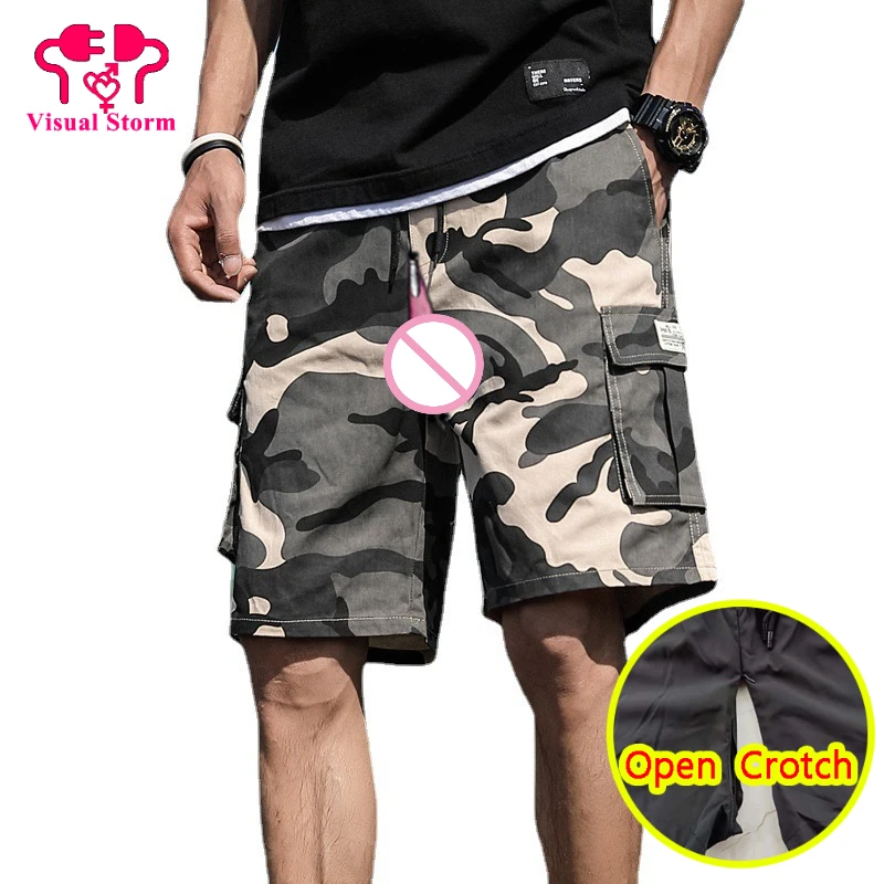 

Man Open Crotch Shorts Camouflag Casual Cargo Drawstrings Hidden Zippers Waist Mini Pants Outdoor Sport Sissy Crotchless Trouser