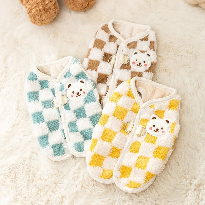 

Autumn and Winter Pet Clothing Checkerboard Bear Traction Coat Thickened and Warm Puppy Cardigan Dog Clothes