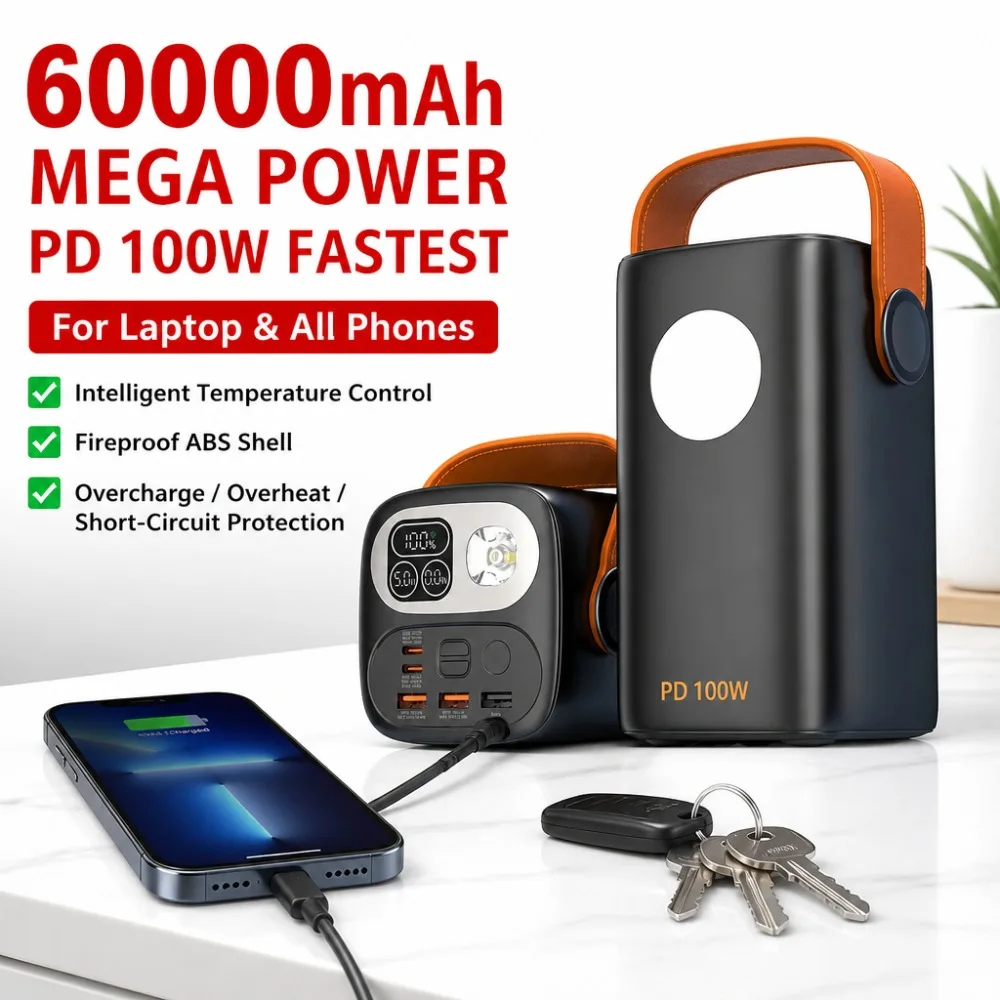 60000mAh Power Bank PD100W Fast Charging 6.6A Super Quick Charge Portable Battery USB C Laptop Charger for iPhone Samsung Xiaomi