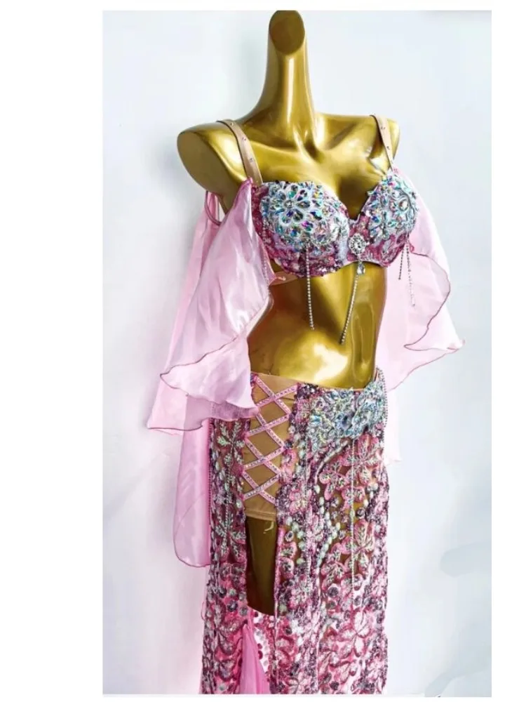 Female 2024 Sexy Oriental Belly Dance Bra, Shave Sleeve Split Wrap Hip Long Dress, Modern Dance Performance Dress