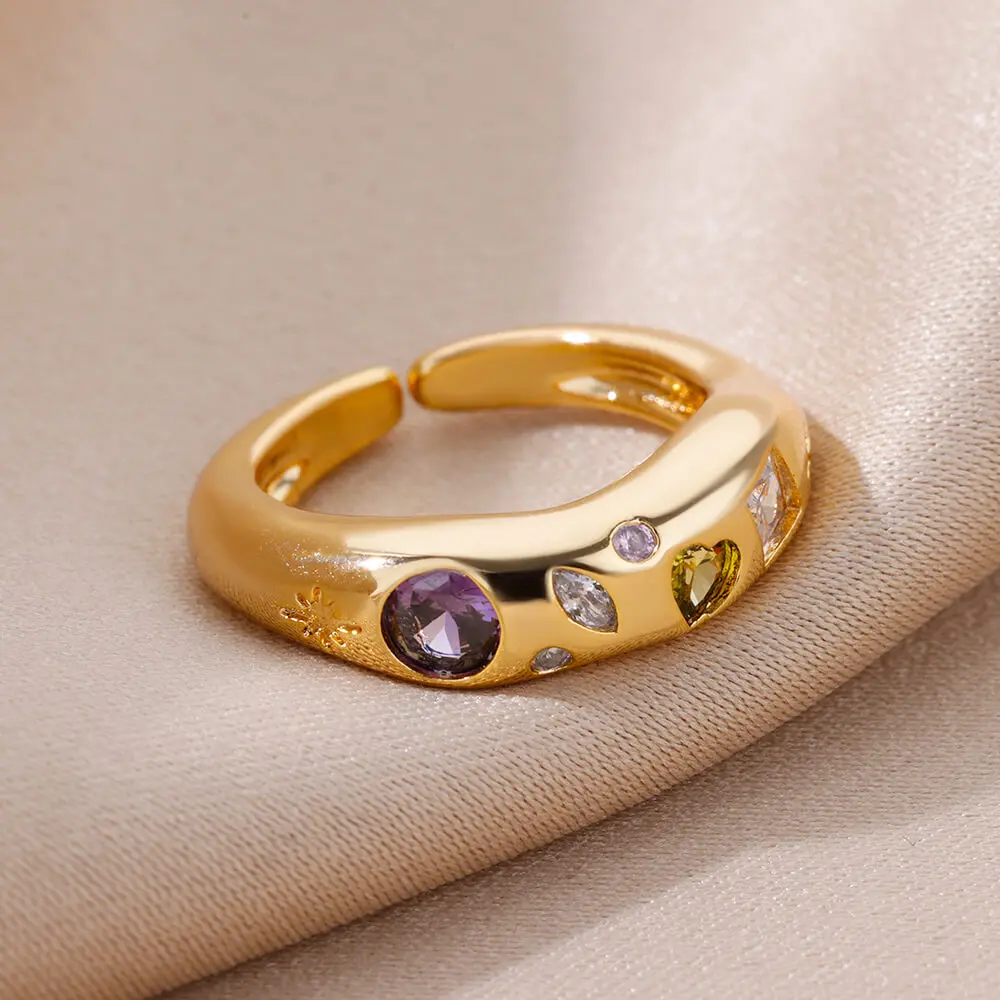 Zircon Heart Finger Rings for Women Gold Color Irregular Stainless Steel Ring Engaement Wedding Aesthetic Jewelry Girls Gift