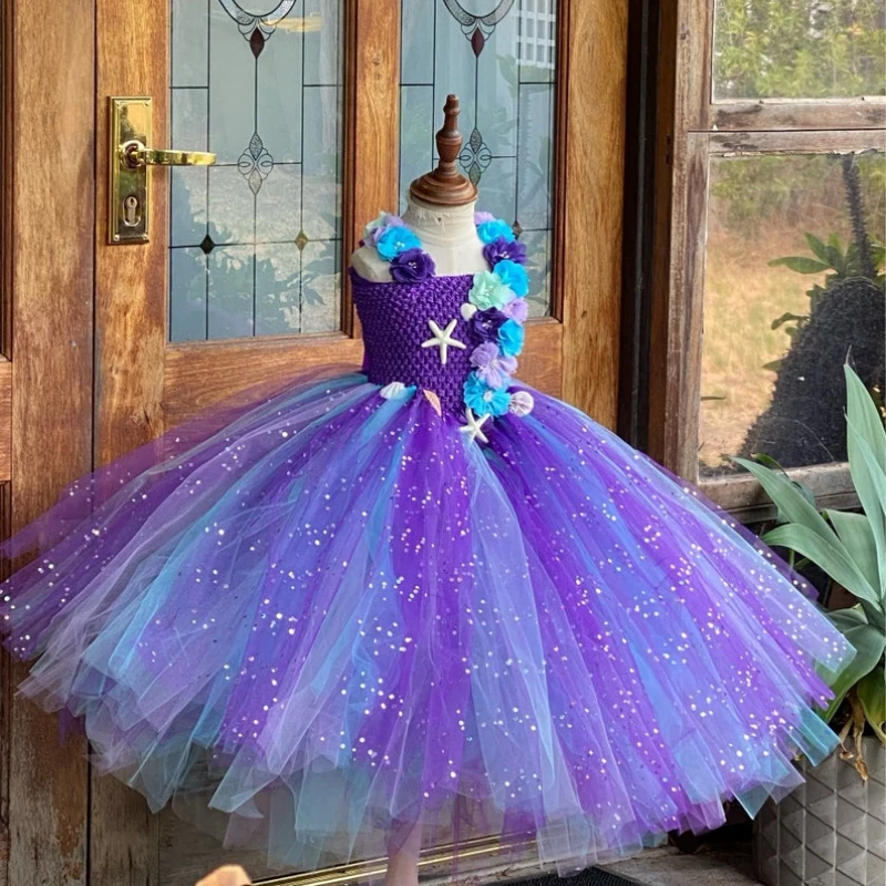 Mermaid Tutu Dress Purple Flower Cosplay Mermaid Birthday Dress Ocean Themed Party Costumes Purple Turquoise Mermaid Dresses