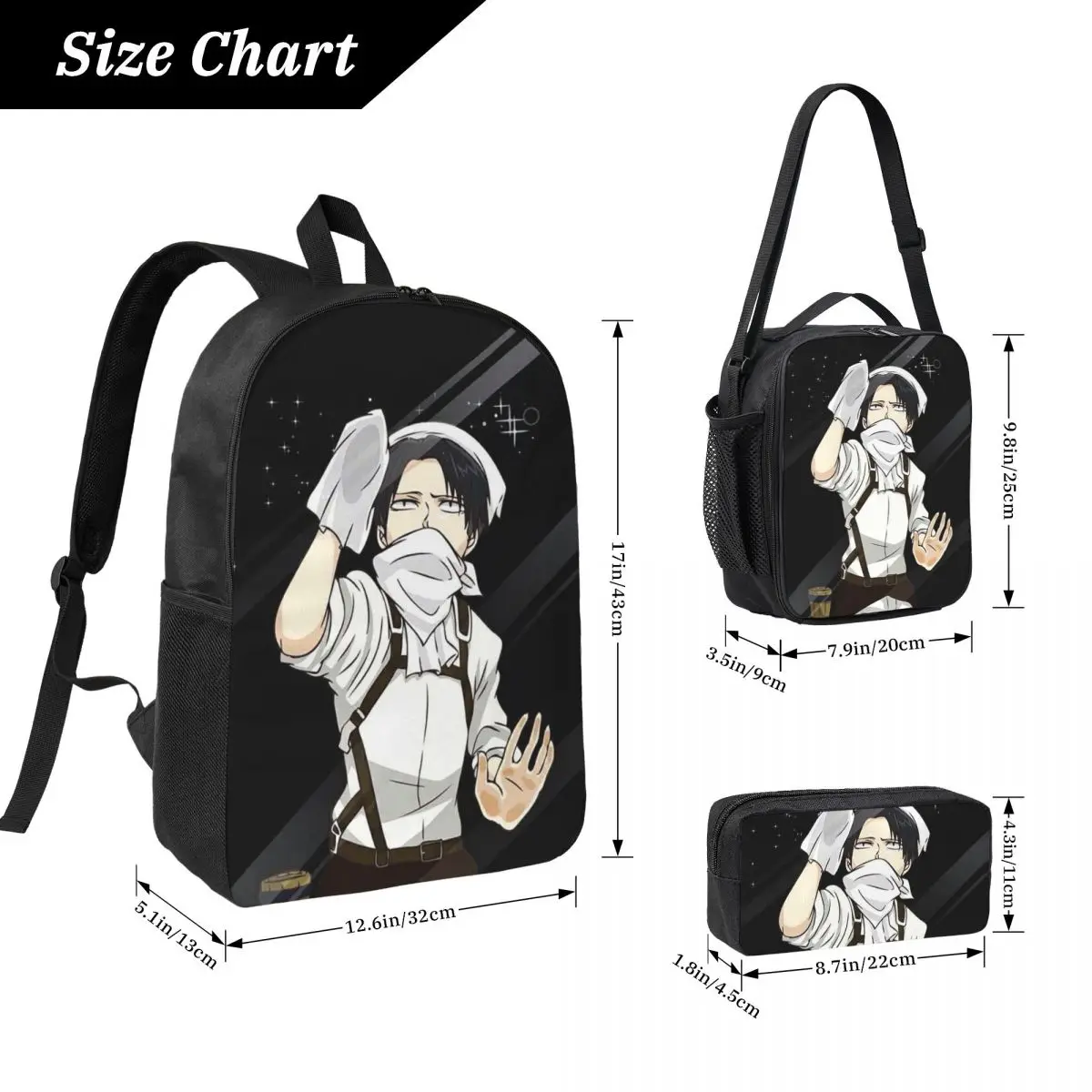 Levi Ackerman Attack On Titan Backpack Student Boys Girls BookBag School Bag Shoulder Bags 3ps Insulated Lunch Bag Pencil Case