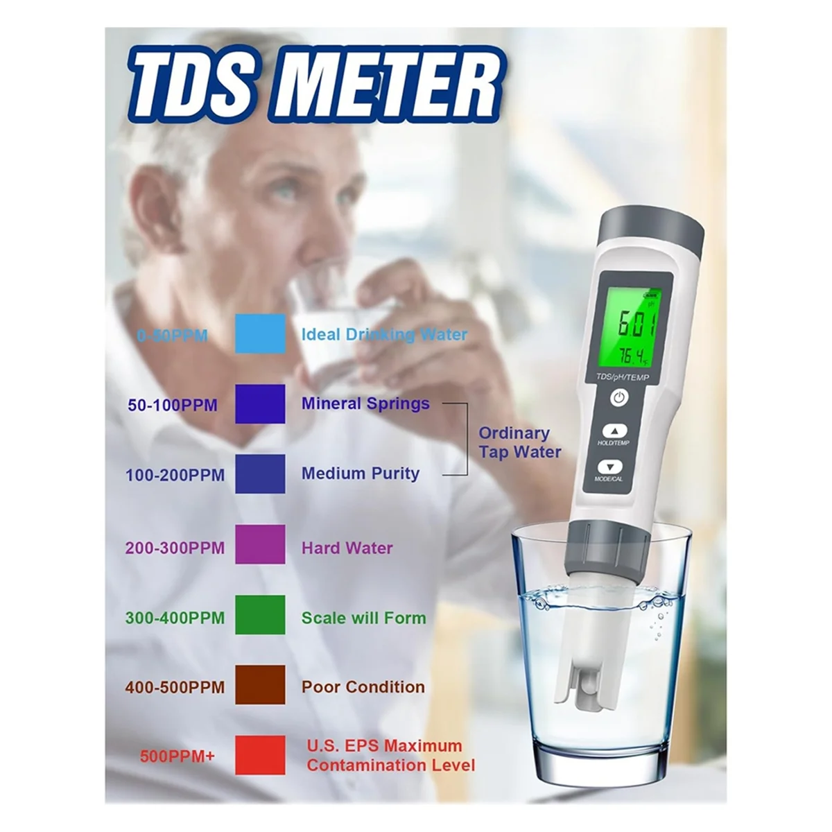 

TDS/PH/Temperature 3-In-1 PH Meter for Water, 0-14 PH Digital PH Meter, 0.01 High Precision Water Quality TesterHUG