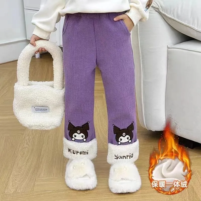 귀여운 Sanrio Kuromi Girls 새로운 달콤한 크리 에이 티브 만화 패턴 캐주얼 패션 두꺼운 따뜻한 부드러운 피부 친화적 인 중반 바지