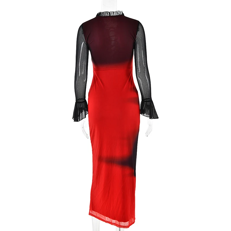 Sifreyr Tie Dye Frauen Maxi kleid Mode Rüschen schiere Mesh Patchwork V-Ausschnitt Bandage Bodycon lange Kleider Robe sexy Party Vestido