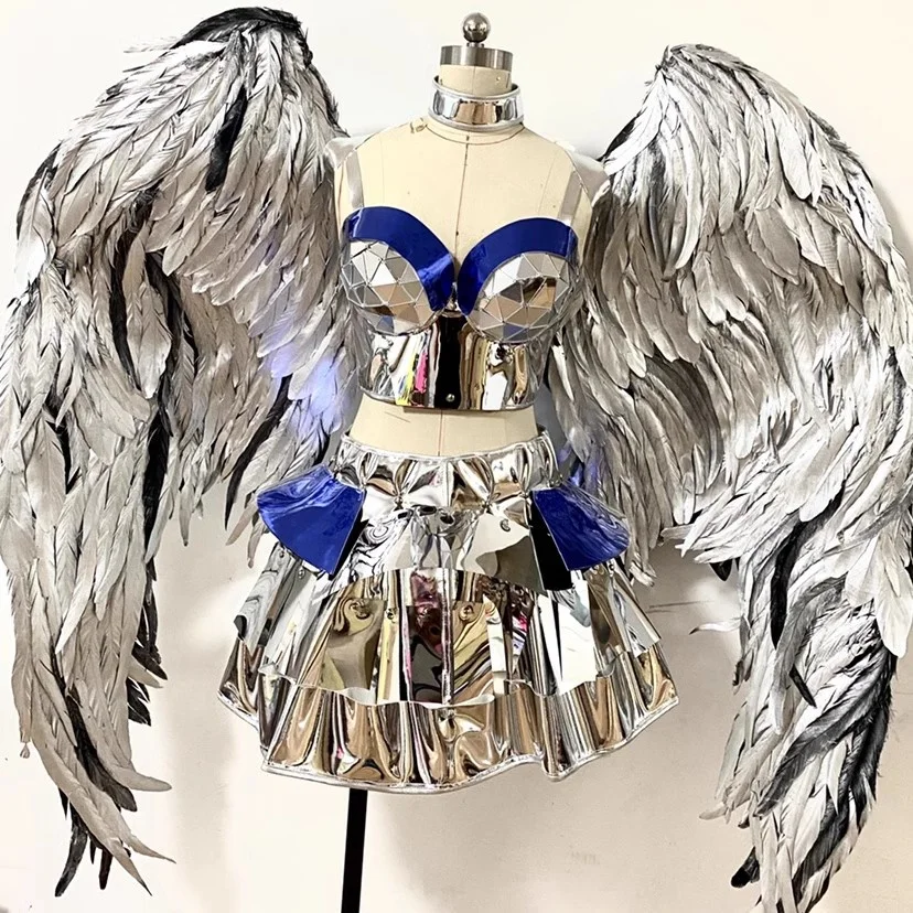 

Silver Feather Wings Angel Mirror Costume T-Stage Tight Clothes Party Reflective Female Styling