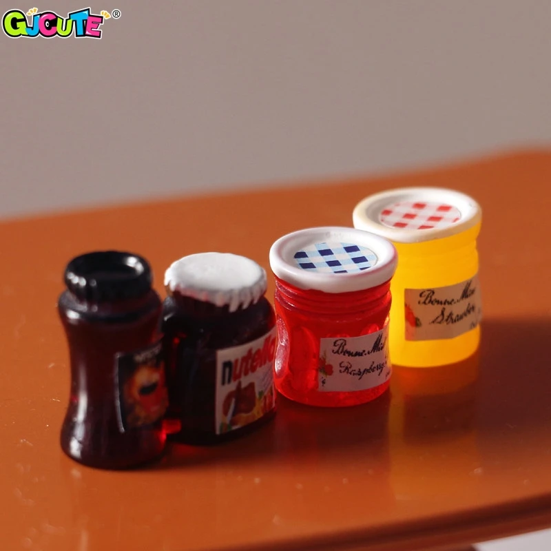 4Pcs/lot 1:12 Dollhouse Miniature Coffee Can Bread Spread Fruit Sauce Jam Food Model Kitchen Decor Toy Doll House Accessories