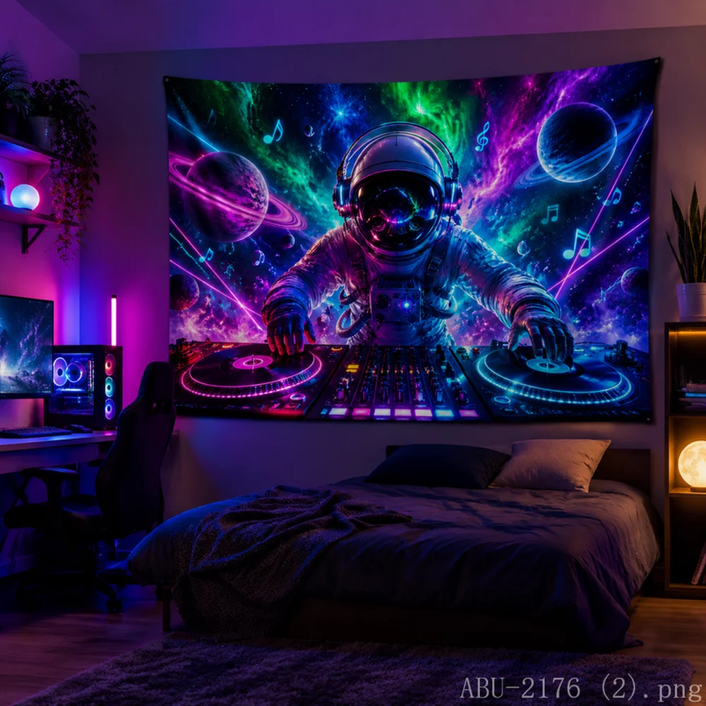 VIKAMA Neon Astronaut DJ Tapestry Colorful Galaxy Starry Wall Art Cool Dorm Room Decor