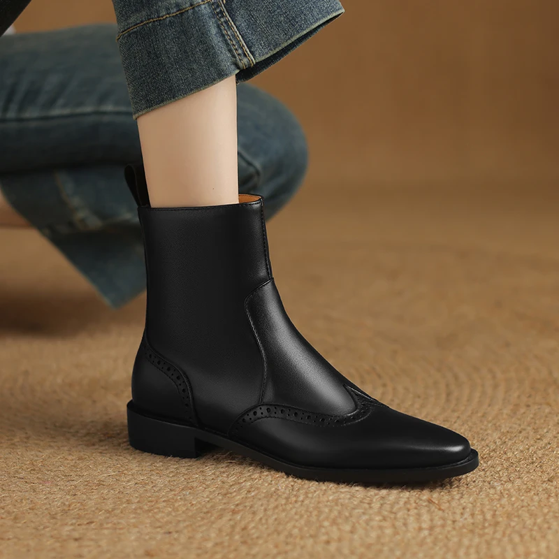 2024 Autumn/winter Women Shoes Genuine Leather Western Boots Women Shoes Round Toe Chunky Heel Chelsea Boots Retro Ankle Boots