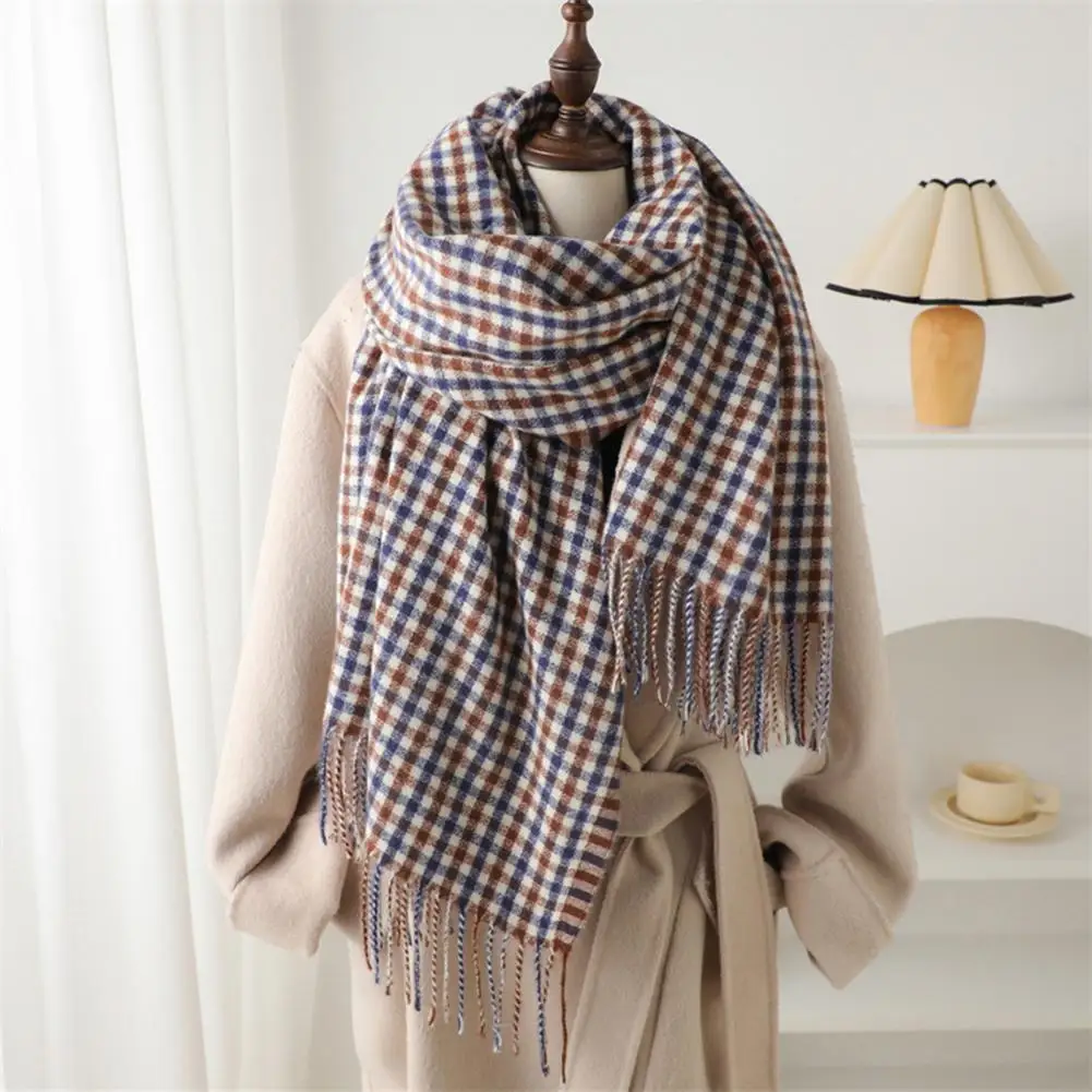 

Шарф с кисточкой, стильный вязаный платок с клетчатым принтом и украшением с кисточками, женский теплый шарф для универсальных комфортных волос