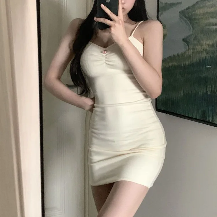 Women's Suspender Dress Sleeveless Low Cut Spring Summer Solid Color Dress Ruffled Hip Wrap Bodycon Dress Party Nightclub Dress - Image 2