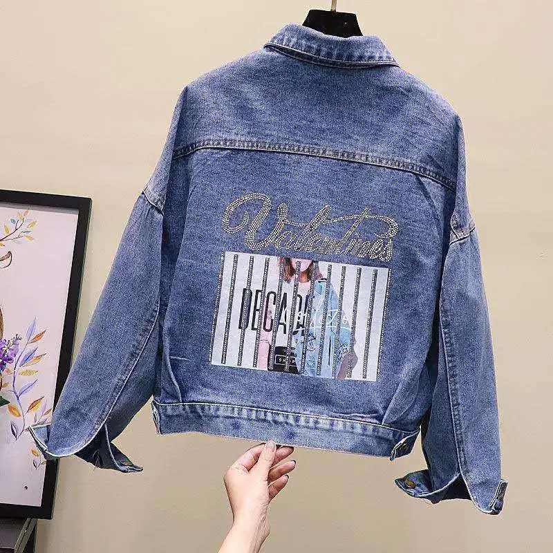 

2024 New Spring Autumn Street Fashion Cropped Jean Jacket Women Korean Outwear Vintage Long Sleeve Printed Denim Coat Oversized