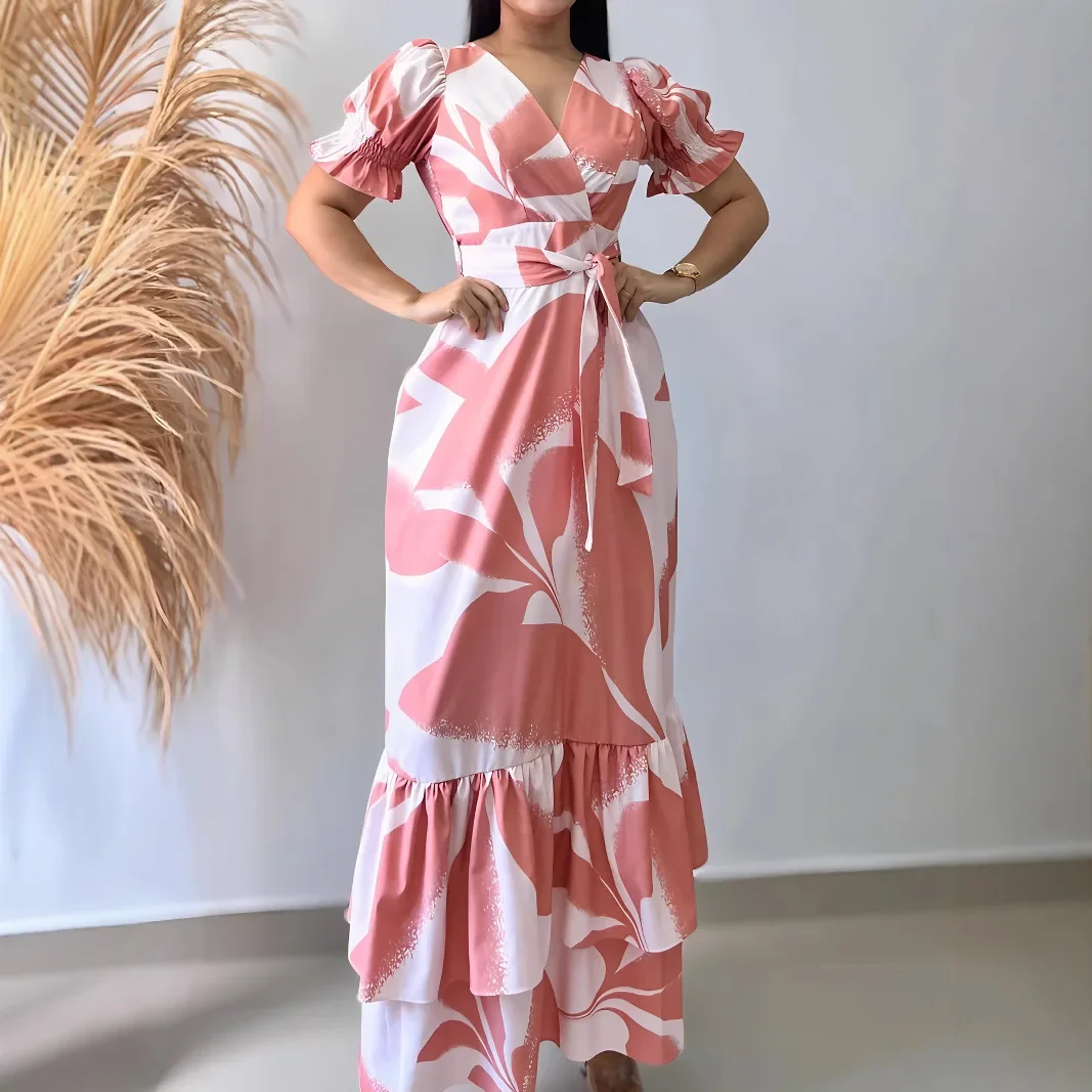 

Длинное платье Женские платья A Line Vestidos с принтом Повседневная одежда с v-образным вырезом и коротким рукавом Элегантная свадебная уличная одежда Y2k Работа Вечеринка Лето 2025