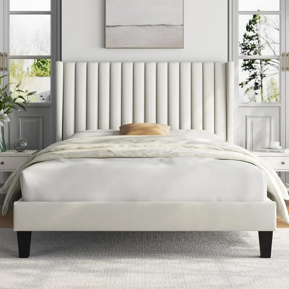 

bed.Full Bed Frame Upholstered Platform Bed with Fabric Headboard, Wing Edge Design/Non-Slip and Noise-Free/Wooden Slats Support