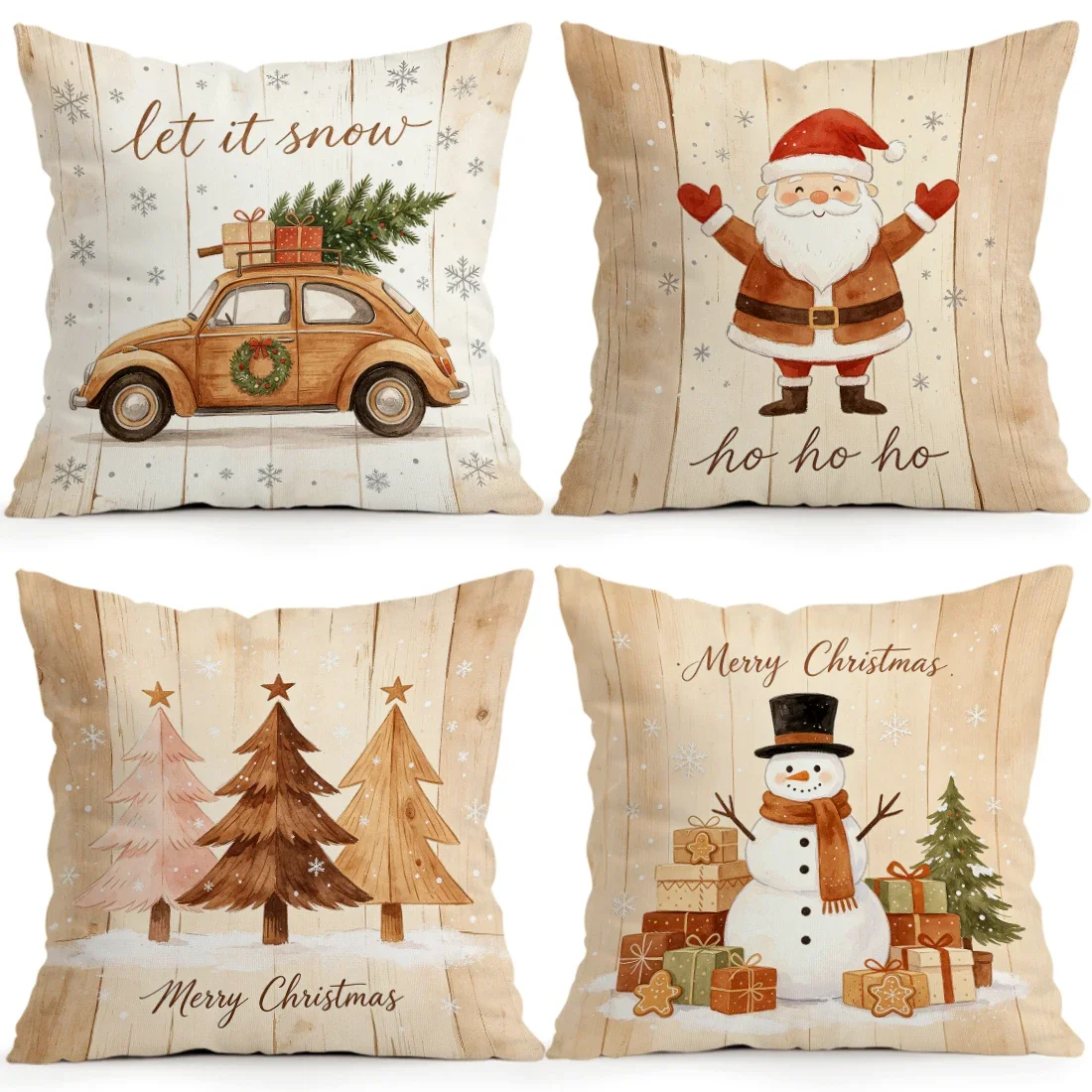 1/4pcs Countryside Wood Grain Christmas Cushions Pillowcase Polyester Cushion Cover Throw Pillow Pillowcover Home Car Sofa Decor