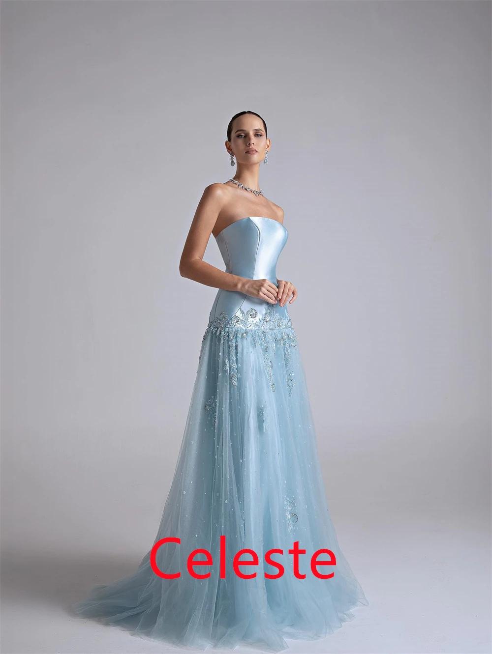 Customized Fashion Blue Tulle Evening Dress Elegant Sleeveless Homecoming Dresses High Quality Sweep Train Vestido De Festa