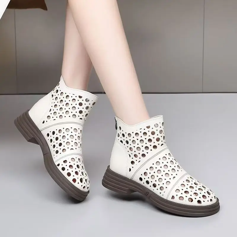 

Women's Leather Hollow Out Ankle Cave Boots Spring Summer Block Heel Round Toe Soft Sole Non Slip Breathable Zippers Cool Boots