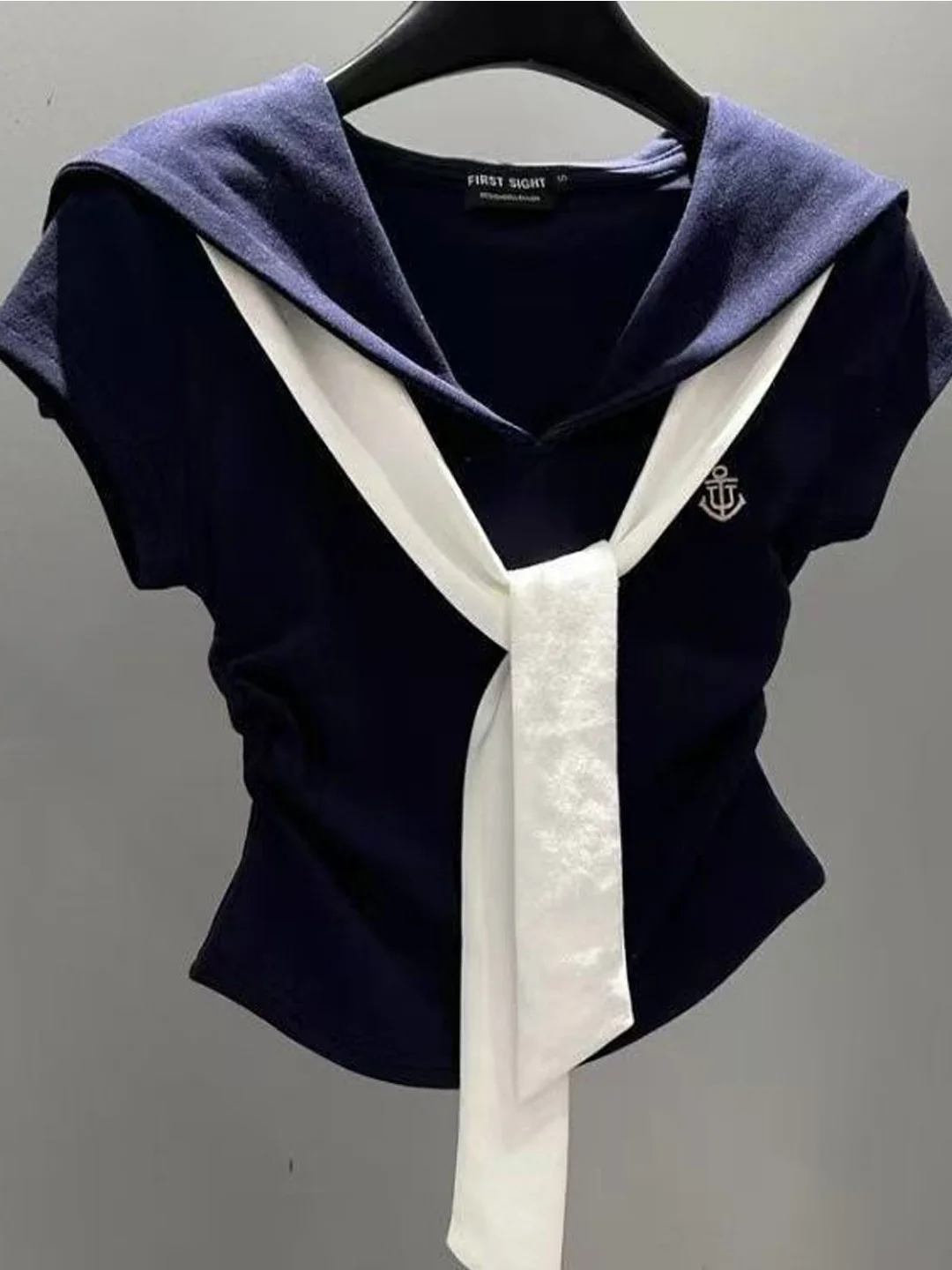 

Slim Fit ort Sve T-irt Women's Korean Sle Commute Faion Color Blo Navy Collar Top Summer New Arrival