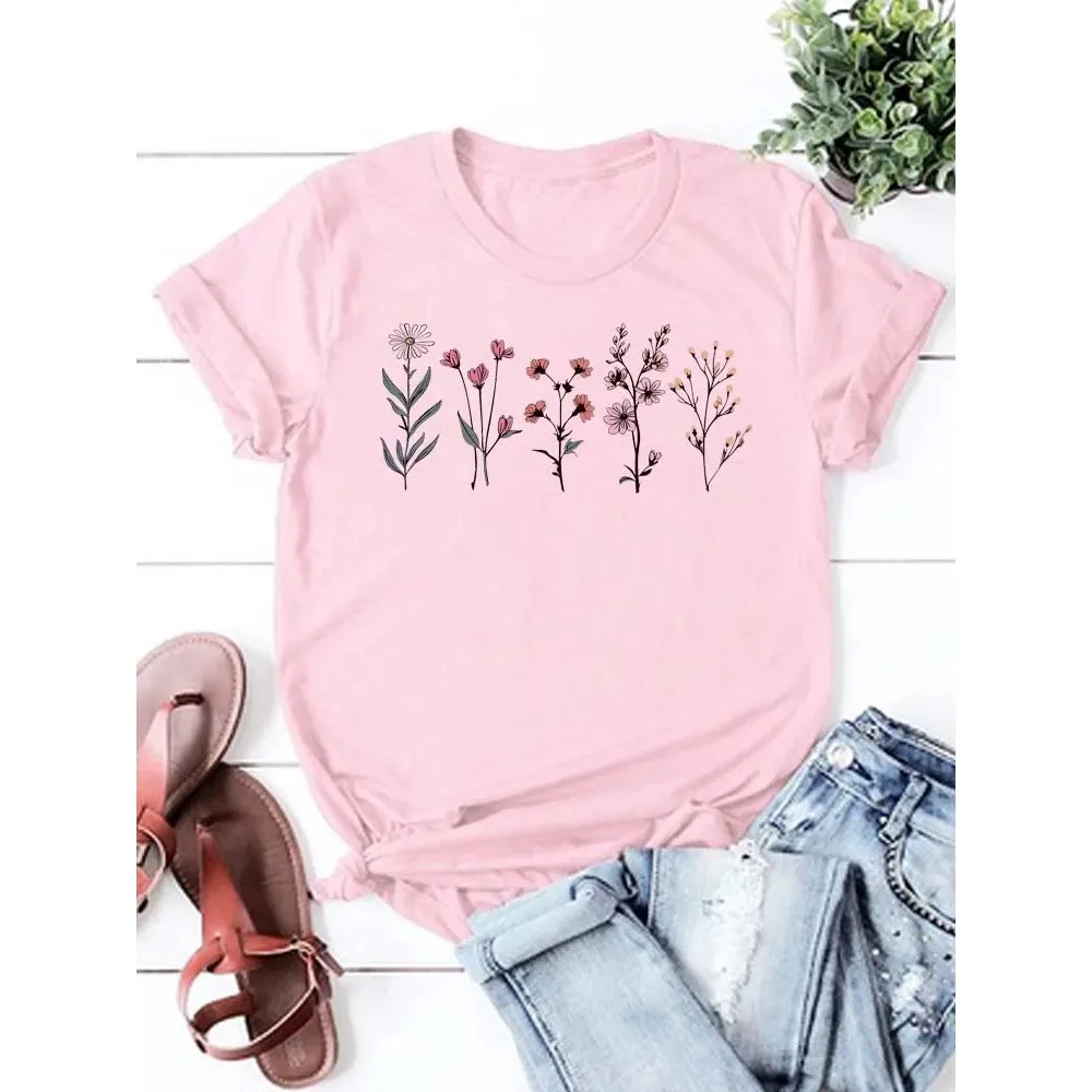Drôle imprimé fleuri femmes T-shirt été décontracté à manches courtes haut col rond pour femme fleur vêtements hauts t-shirts Y2K Streetwear