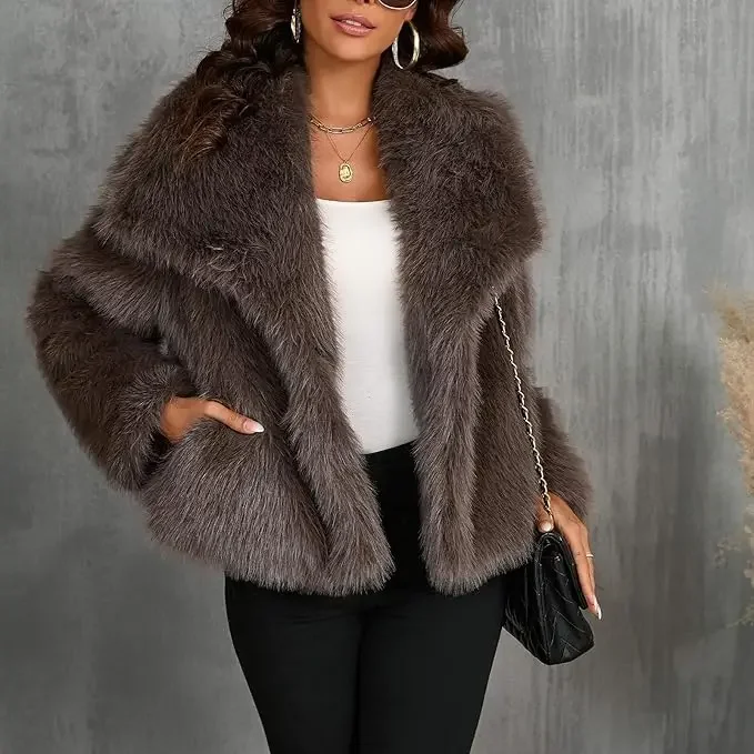 Women\'s Cropped Faux Fur Jacket Plush Warm Long Sleeve Warm Winter Fur Coat Women Jacket Shaggy Furry Outerwear with Pockets