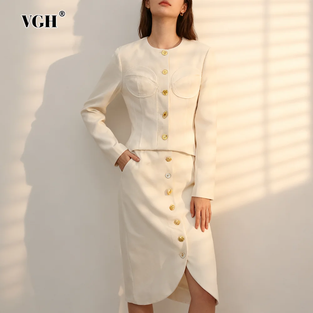 

VGH однотонные дизайнерские комплекты из двух предметов для похудения для женщин, топ с круглым вырезом и длинными рукавами, юбка с высокой талией, повседневный комплект, женская мода, новинка