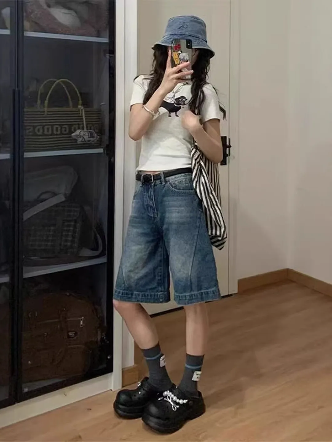 

Hot Girl Spicy Five-Point Straight Leg Jeans Shorts Women Summer plus Size Loose Wide Leg Pants High Waist Slimming Jeans