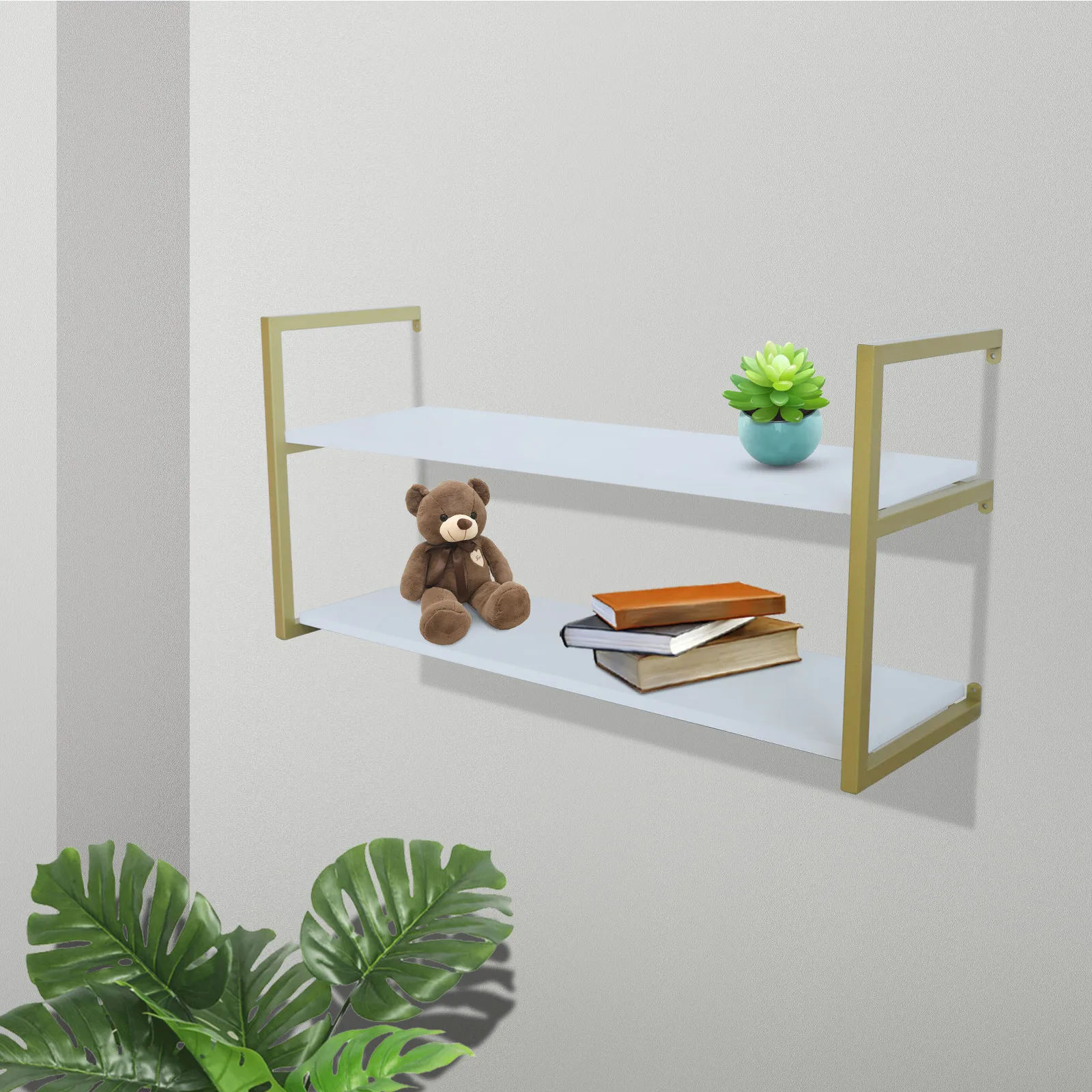 2 Tier Floating Wall Mount Shelf Plant Toys Photos Storage Rack Office Bookshelf, Storage Display Rack Unit Gold