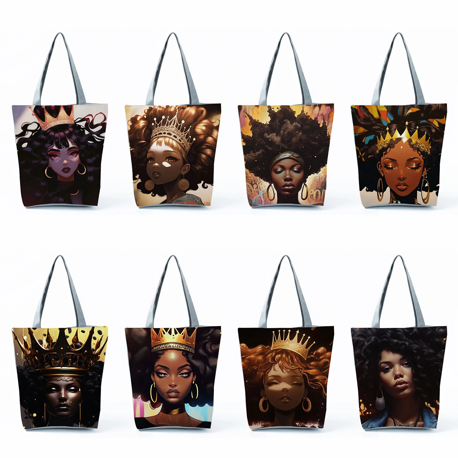 

Cute Cartoon Black Girl Print Handbags High Capacity Women Shoulder Bags Eco Reusable Shopping Bags Pretty Travel Beach Totes