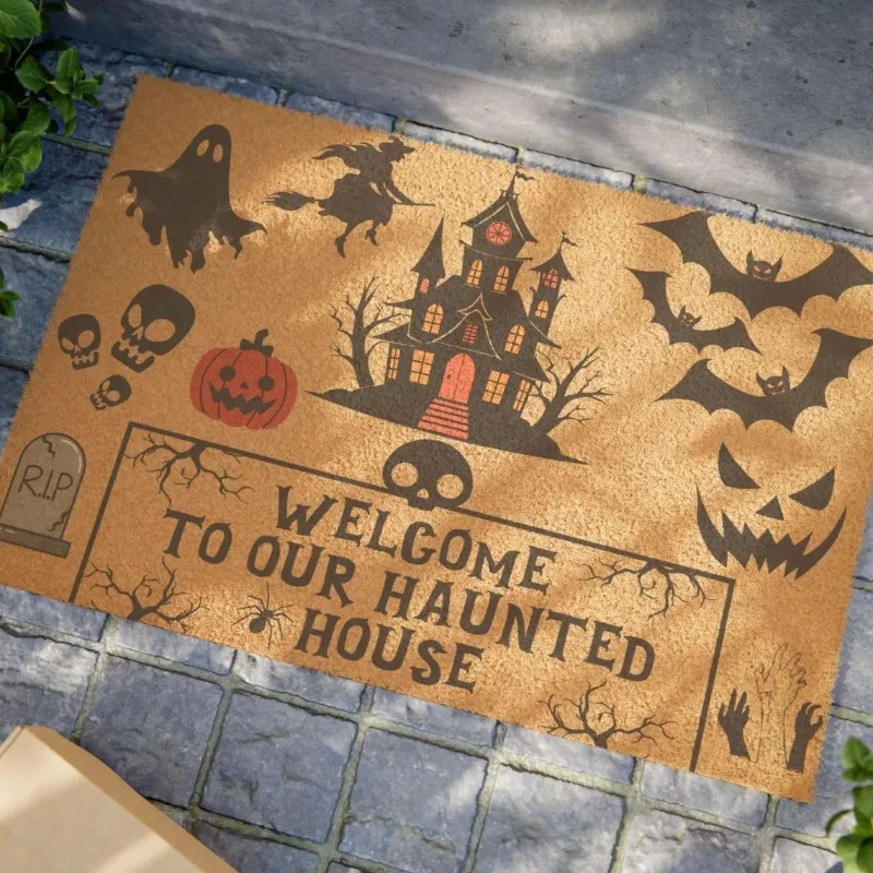 

Halloween Gothic Haunted Black Cat Bat Pumpkin Ghost Witch Mat Scary Funny Decorative Carpet Rug for Front Door Home Decoration