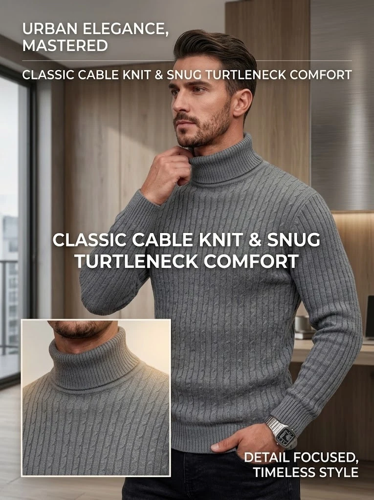 Neuer Herren-Rollkragenpullover, lässiger Zopfstrickpullover, hoher Kragen, lange Ärmel, warme Winterpullover für Männer, schmal geschnittene Oberteile. – Detail 1