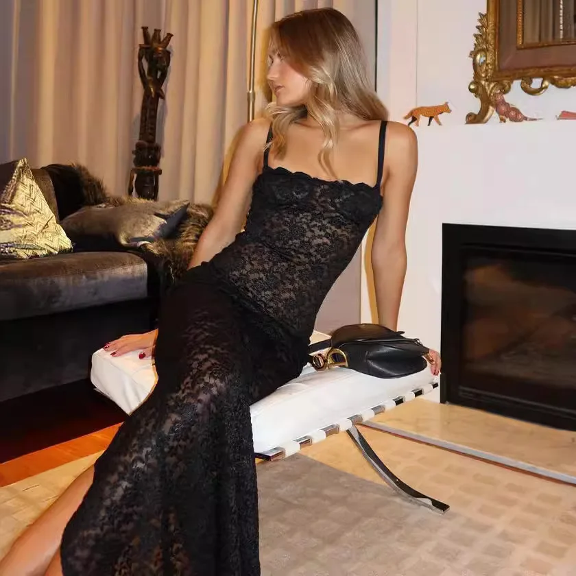 

Fashion One-word Collar Sexy Perspective Lace Slim Dress Dress 2025 European and American Summer New Women's Clothing