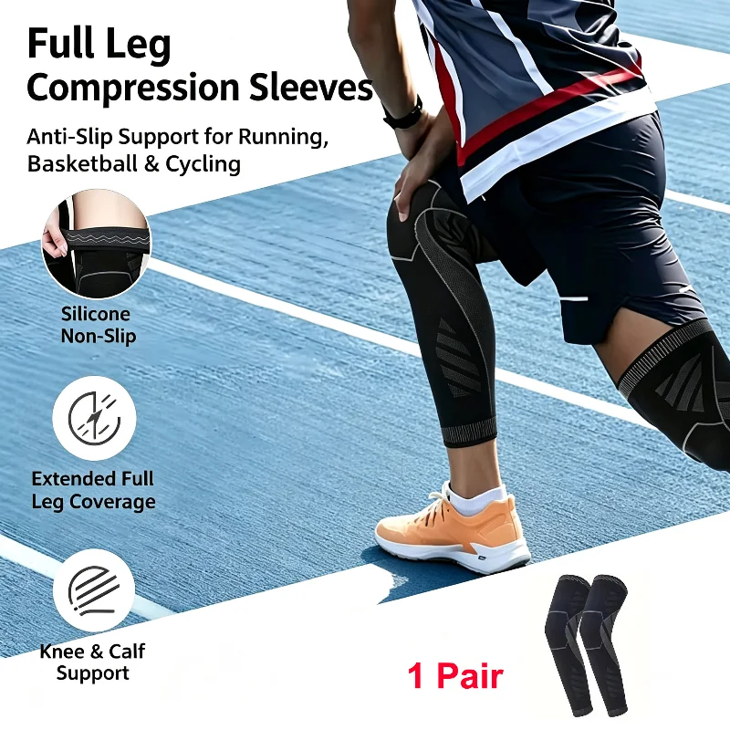 2 Pieces Full-length Compression Knee & Leg Sleeve Anti-slip Sports Knee Braces For Cycling Basketball Running Fitness Training