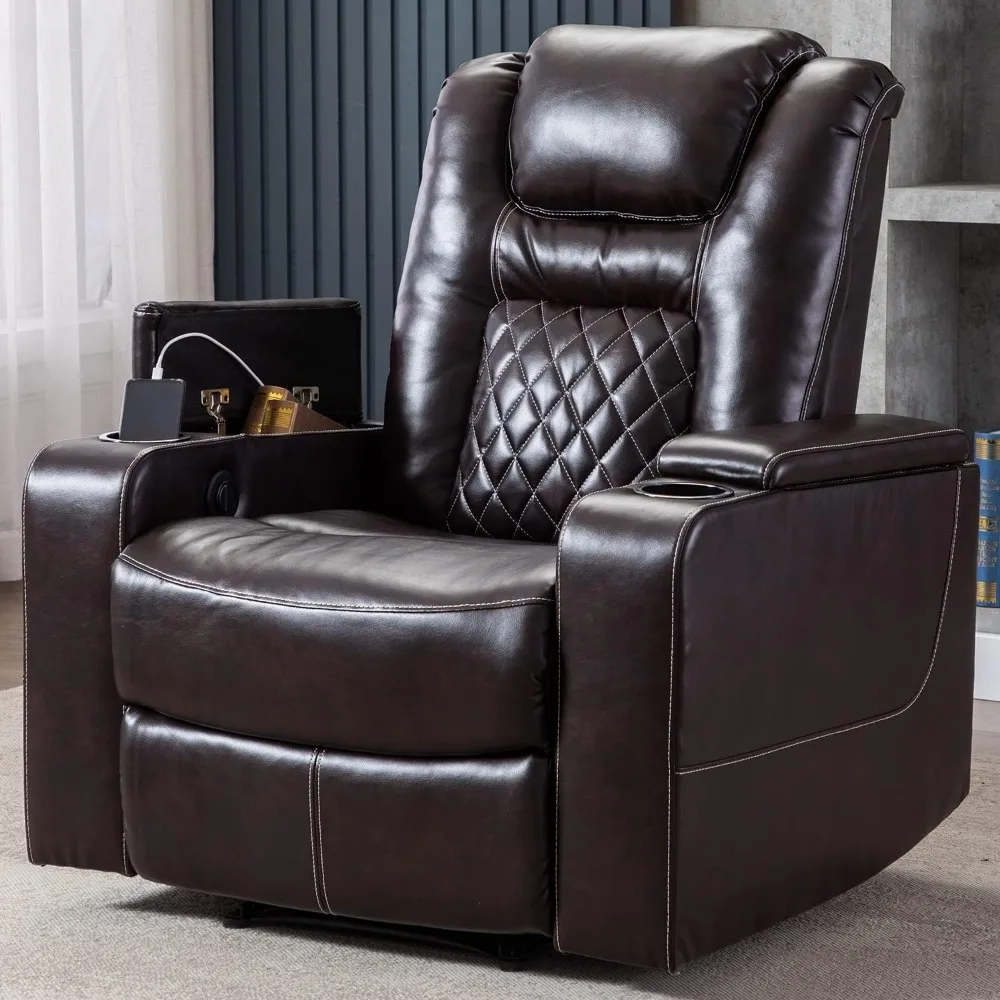 

Electric Power Recliner Chair with USB Ports and Cup Holders, Breathable Leather Home Theater Seating with Hidden Arm Storage (