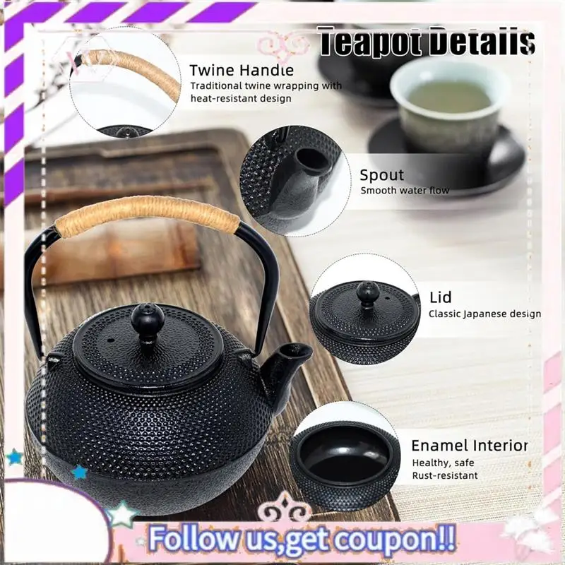 

Premium Cast Iron Tea Pot - Twine Handle Teapot Kettle With Infuser And Enameled Interior For Stove Top, 1.2L/40 Oz