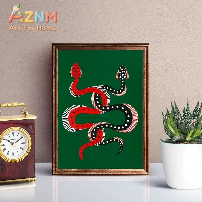 AZNM Folk Style Two‑Headed Snake Canvas Wall Art Frameless Green Background Retro Animal Print Poster for Home Living Room Wall