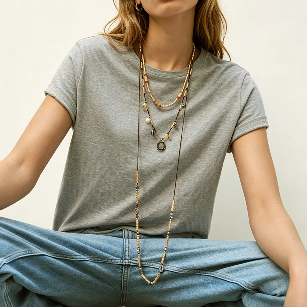 

2026 New Bohemian Multi-Layered Necklaces for Women Vintage Gold Metal Chains Oval Pendant Necklace Ethnic Statement Jewelry