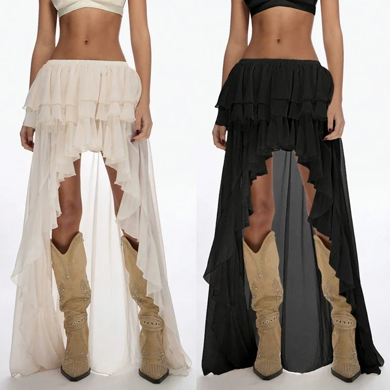 Chic Hollow Out Irregular Split Skirts Women Simple Elastic Swing Cake Half Skirts Fashion New Solid Ruffles Loose Maxi Skirts