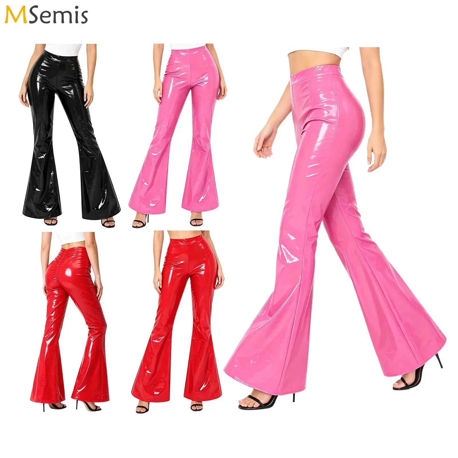 Womens Glossy PU Leather Latex Flared Pants Stretch Bodycon Bell Bottom Disco Stage Performance Pants Wet Look Trousers