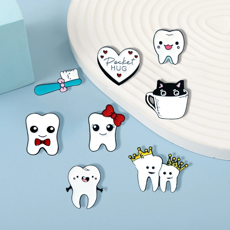 Cute Teeth Enamel Brooch Pin Customized Bowtie Toothbrush Pin Metal Flip Neck Emblem Cartoon Jewelry Accessories Gift for Friend