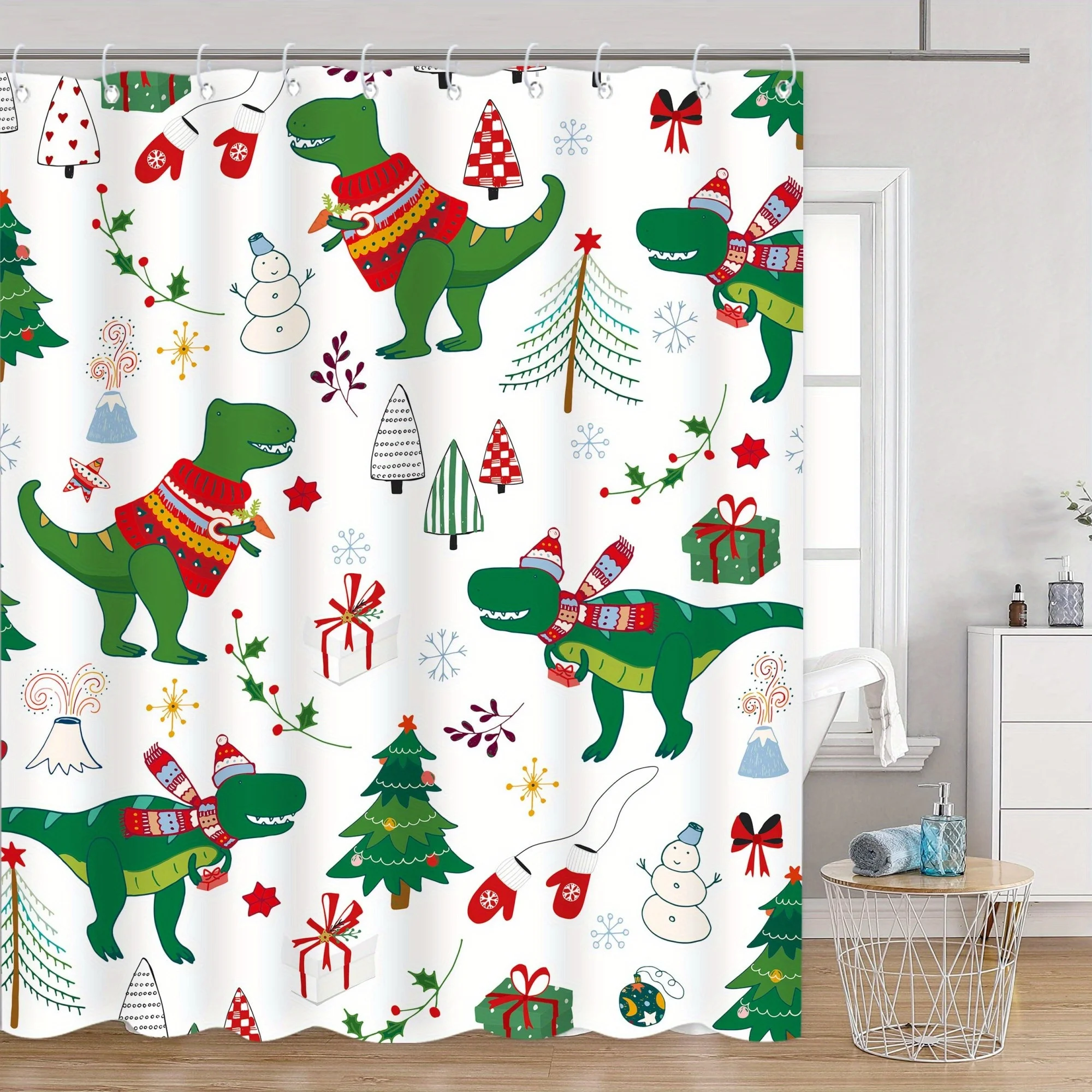 

1pc Christmas Dinosaur Digital Print Shower Curtain, No Drill Bathroom Window Partition