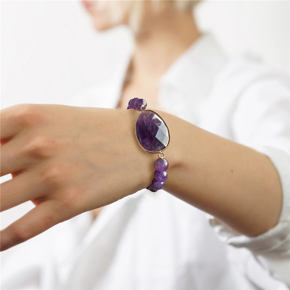 irregular Natural Stone Charm Bracelets For Women Men Amethysts Lapis Lazuli Labradorite White Howlite Elastic Bracelet Jewelry