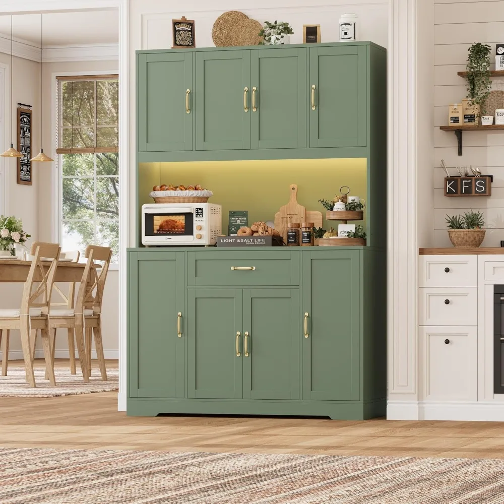 70 H LED Kitchen Pantry Cabinet Hutch with Charging Station Green