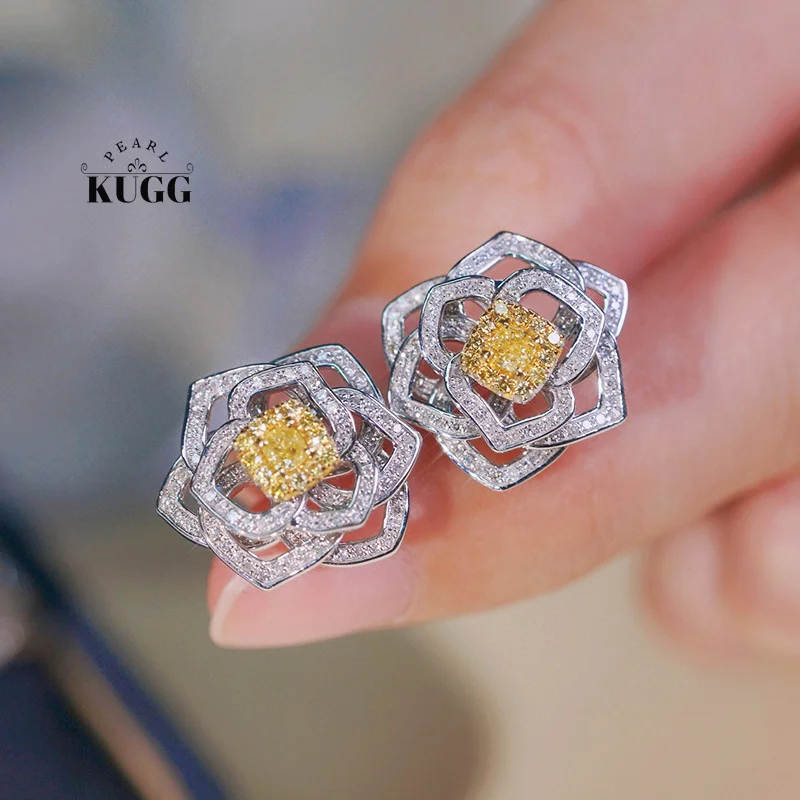 

KUGG 18K White Gold Earrings Elegant Rose Design 0.80carat Real Natural Yellow Diamond Stud Earrings for Women Party Jewelry