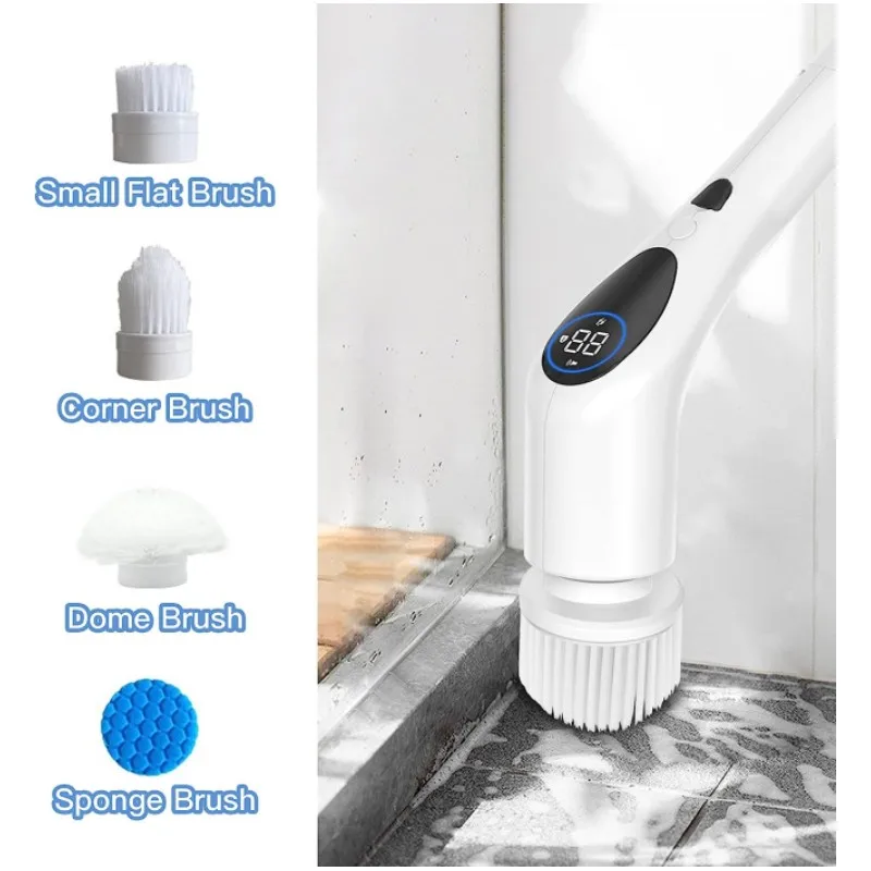 9 Replaceable Heads for Electric Spin Scrubber Shower Cleaning Brush with LCD Screen Voice Broadcast for Bathroom Floor