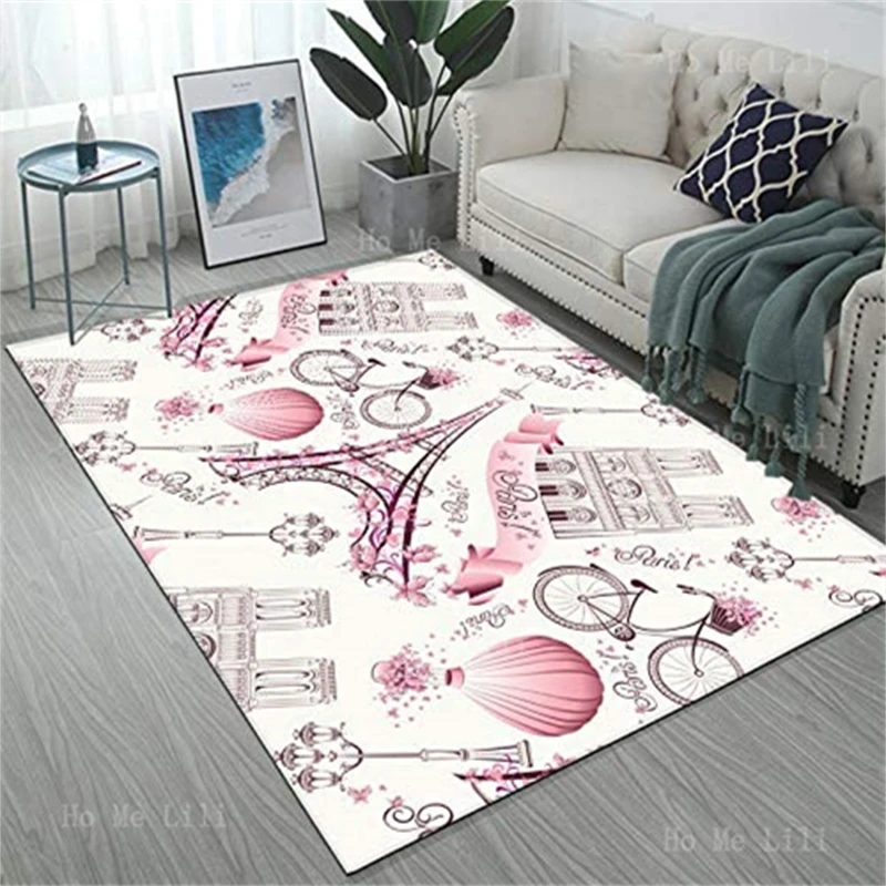 Bicycle French Tower Hot Air Balloon Pink Romantic City Paris Seamless Pattern Flannel Floor Rug Modern Non Slip Carpet